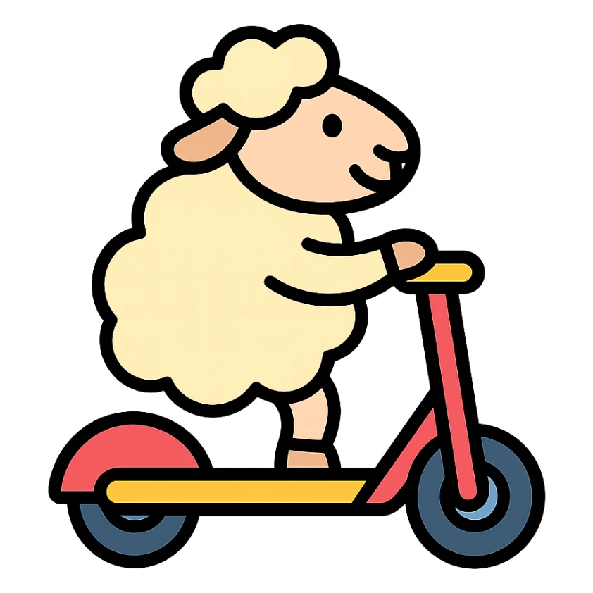 cartoon sheep on a scooter icon sticker