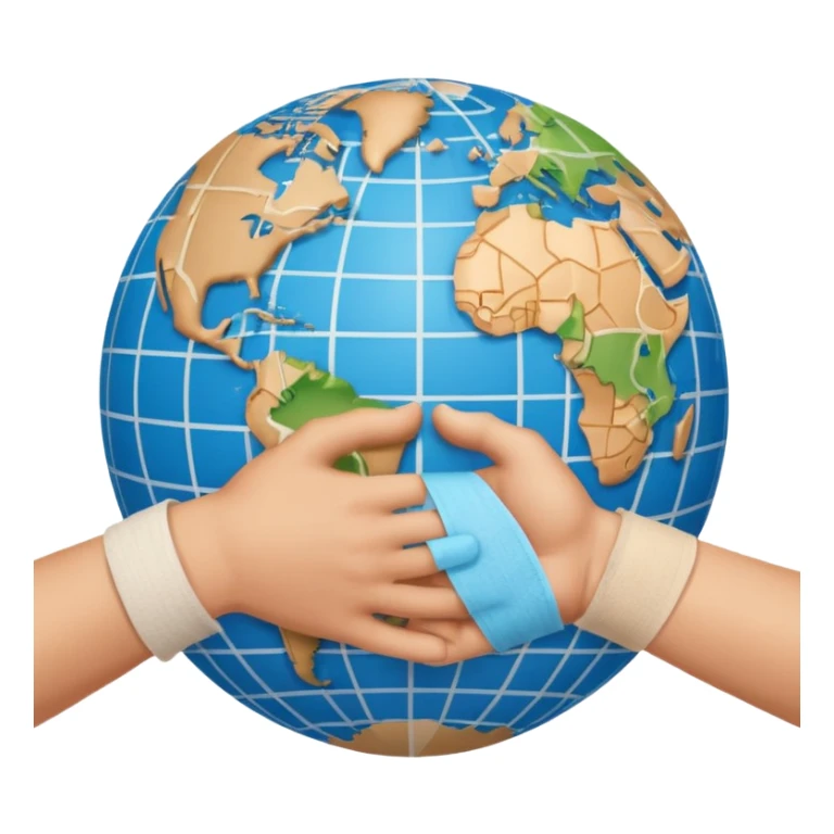 instead of two hands holding a globe, we have two hands handshaking in front of a globe. And in the background, we can see that the globe has a bandage or something.  sticker