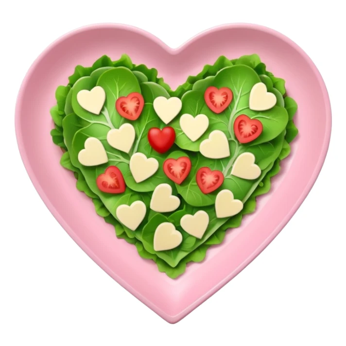 green salad in a light pink heart shaped plate sticker