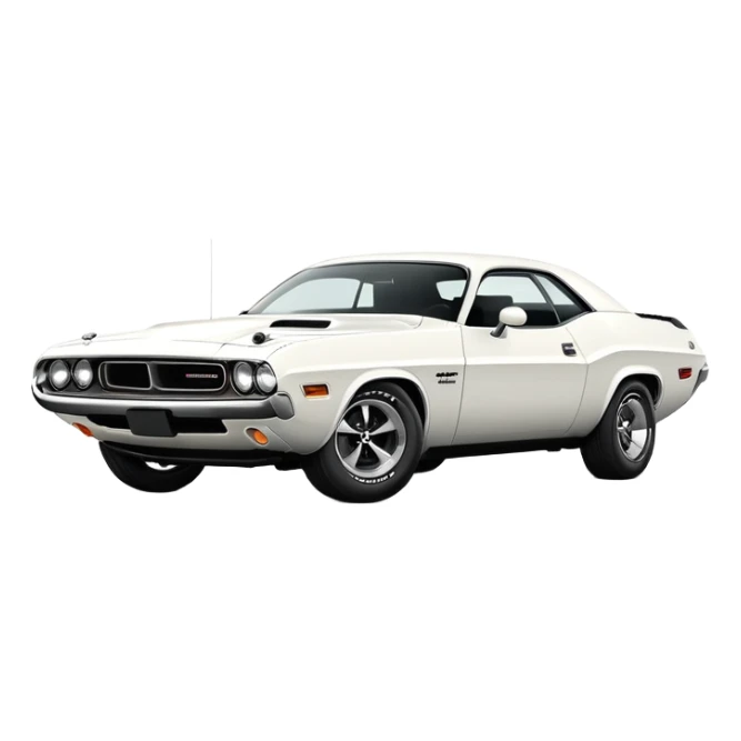 Sleek white 1971 Dodge Challenger, simplified design, complete white color scheme, slight angle showing front and side, detailed but minimalist, iOS emoji style sticker