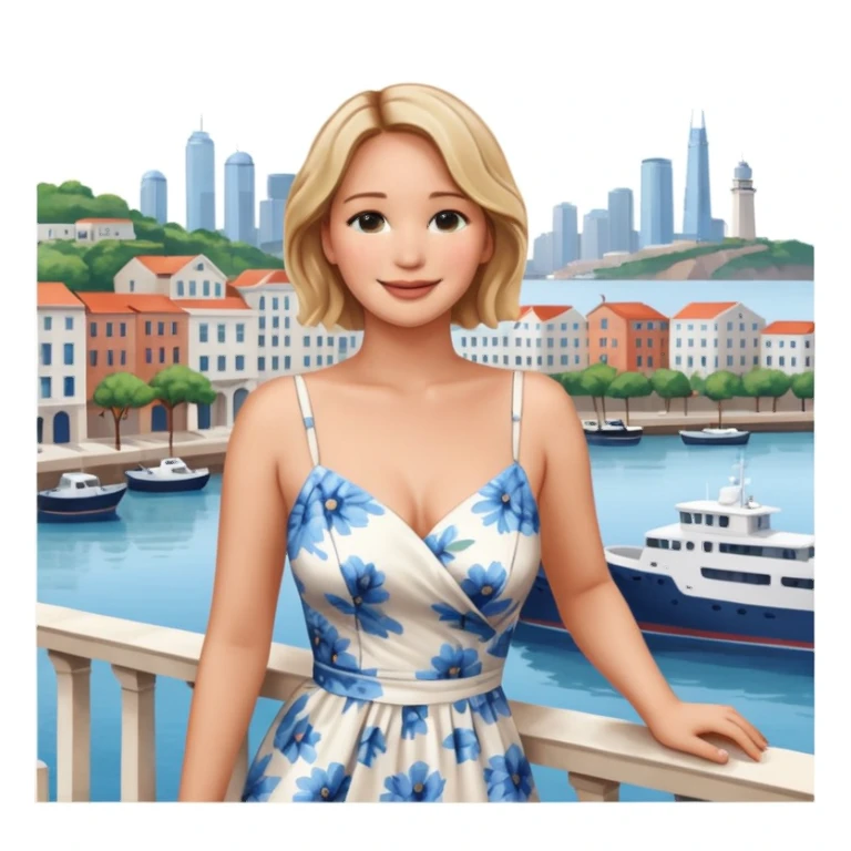 jennifer lawrence, closeup portrait , leaning on a balcony with a harbor and cityscape in the background, smiling sticker