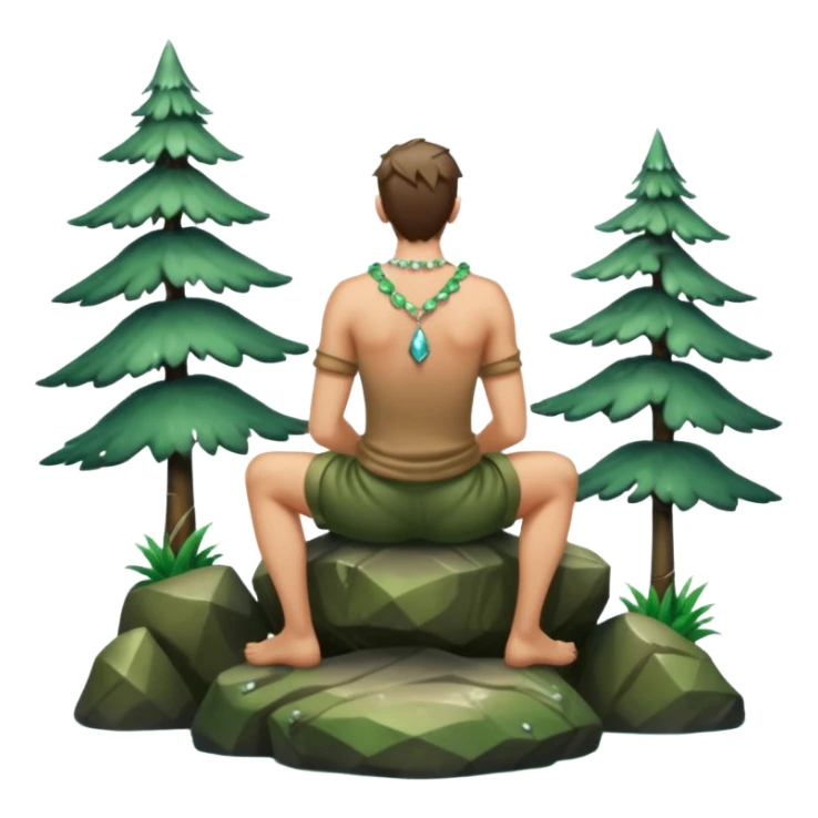 full body forest hunter man, from behind sitting on rock, wet back, crystal necklace visible sticker