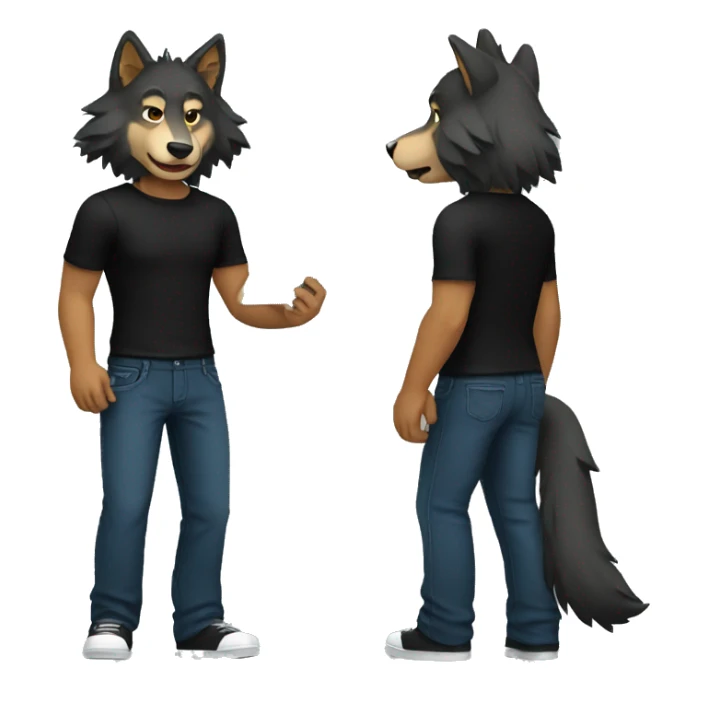 create a wolf in a black shirt and pants and tablet in hand sticker