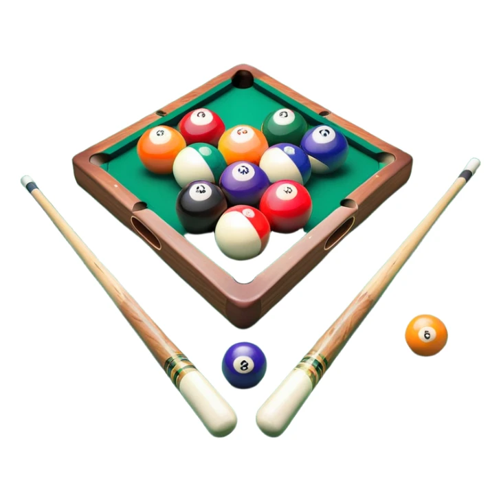 Two crossed pool cues resting on a billiard table, with colorful billiard balls scattered across the surface. The background features the felt of the table, creating an inviting atmosphere for a game of precision and strategy sticker