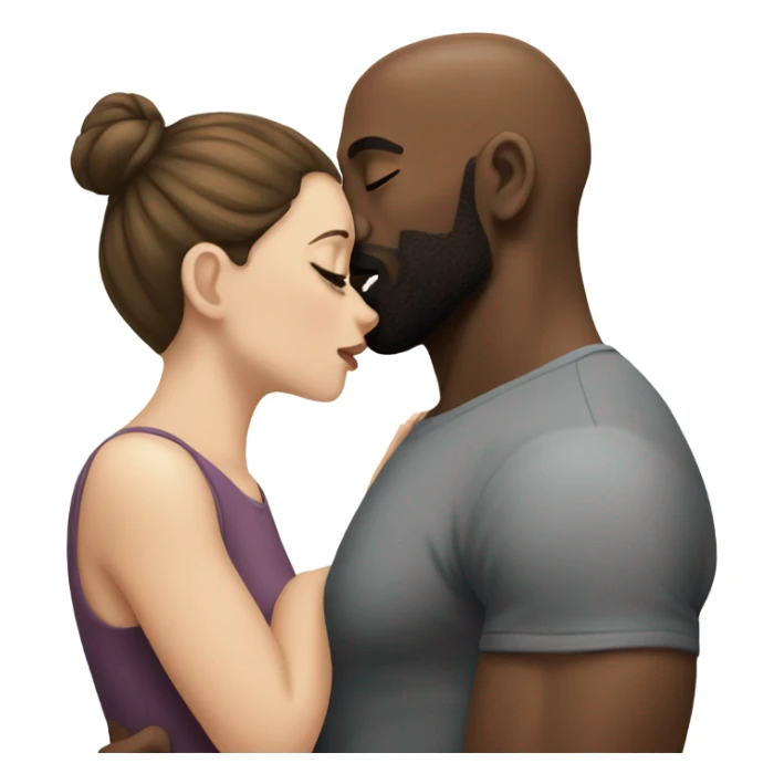 White girl brunette kissing muscular black bald man with beard sticker