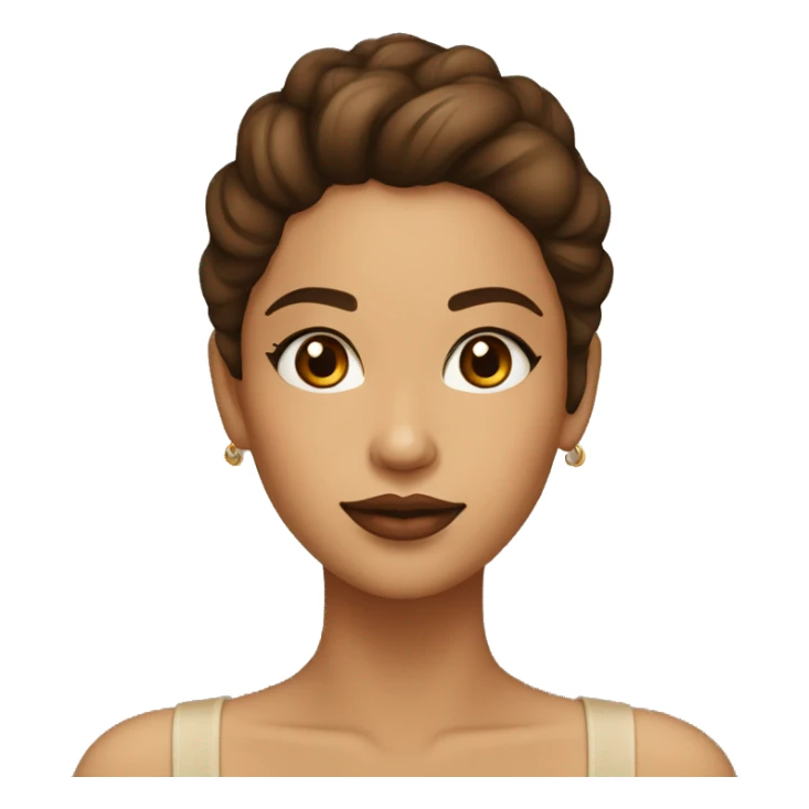 Chica con el pelo largo y castaño oscuro ojos marrones y top beige y labios color natural sticker