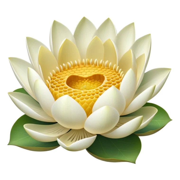White lotus flower with botanically accurate yellow seedpod center showing honeycomb-like pattern of seed chambers, surrounded by white petals and accurate notched lotus leaf sticker