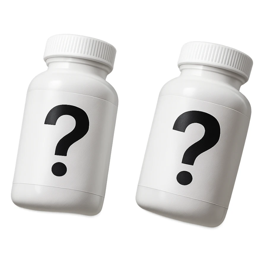DUE BOCCETTE DI INTEGRATORI BIANCHE CON PUNTO INTERROGATIVO NERO SULL'ETICHETTA FLUTTUANO IN ARIA, IPERREALISTICA 4K sticker