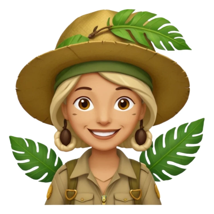 a old female explorer with jungle wearing a large leaf headgear bye  sticker