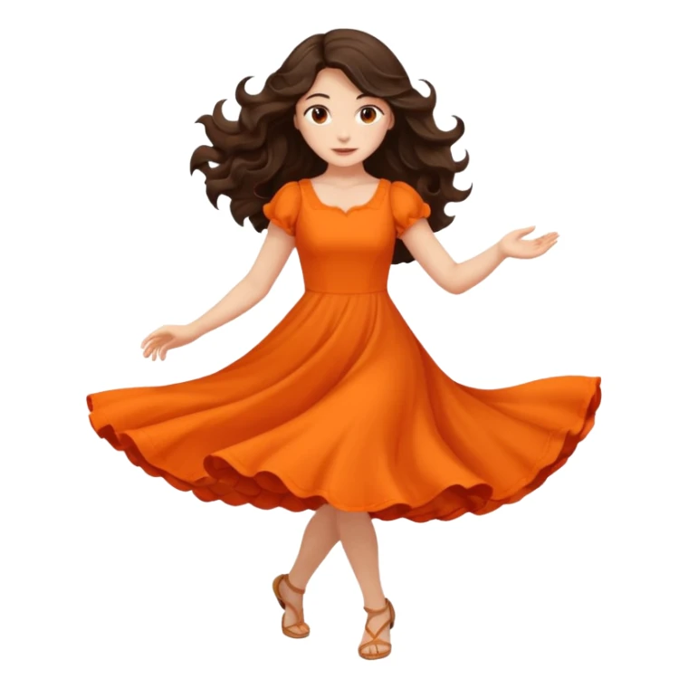 Long dark wavy hair women in orange standing spinning twirling around sticker