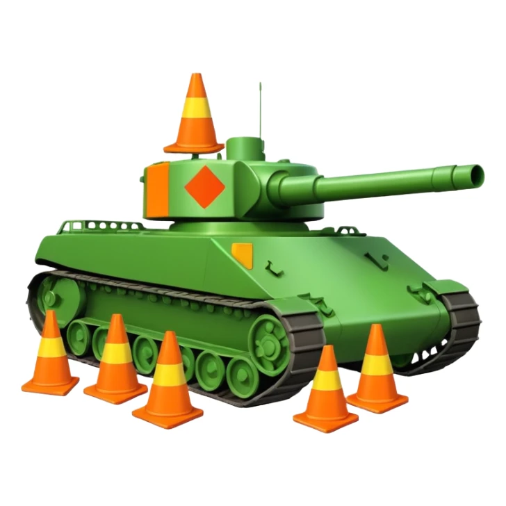 a tank with traffic cones flattened under its treads, emoji style sticker
