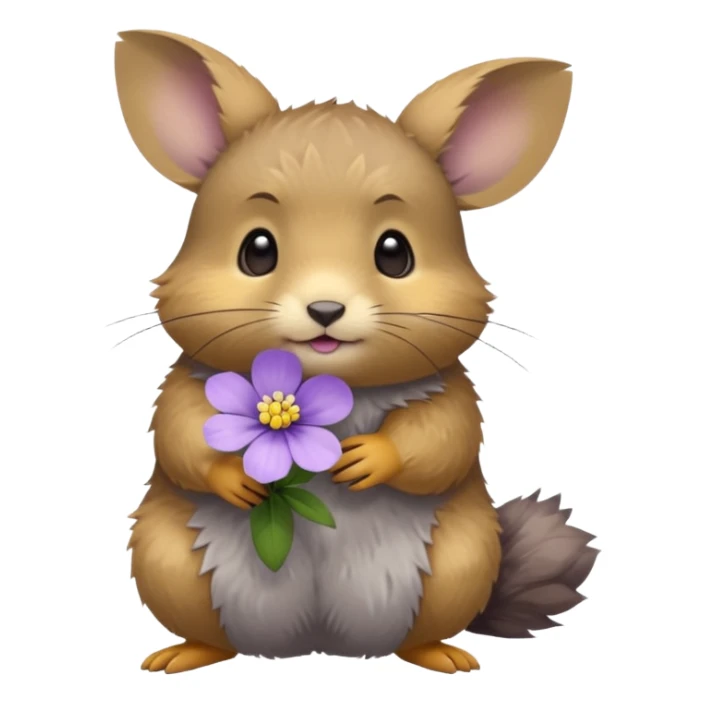 small round pika on all fours, turned at an angle, with a little light purple flower in its mouth sticker