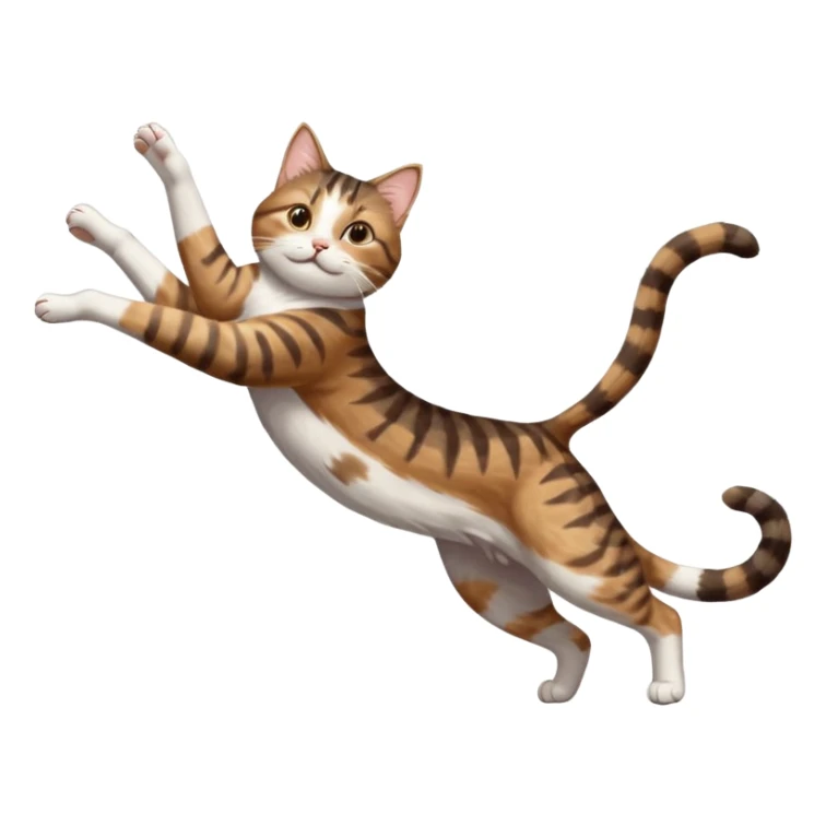 brown tabby and white cat with doing a big extremely long stretch reaching up into the air with arms and legs side by side together straight and overextended whilst lying on its side sticker