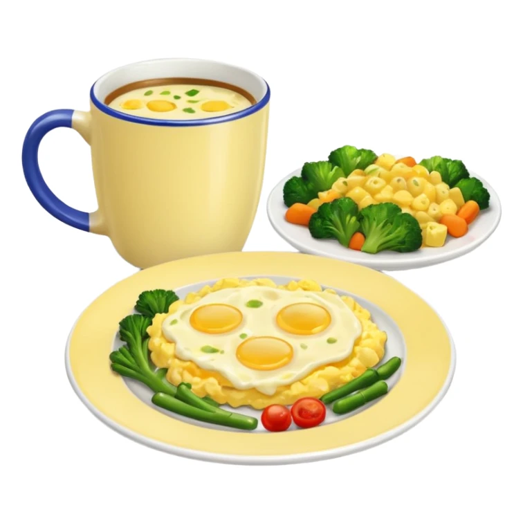 plate with eggs and veggies,  on the side one coffee in cute mug sticker