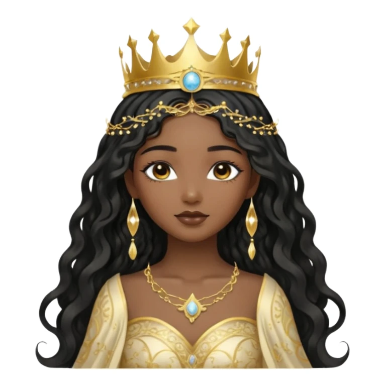a black beautiful angel with gold pattern on her face and and long wavy black hair, she wears a ethereal crown with sparkling strings and a beautiful sparkling golden gown with moon crest in the middle of the gown, her face calm, gentle and kind, magical aura around her sticker