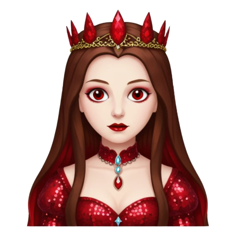 Countess Bathory with long brown hair, red sequin outfit sticker