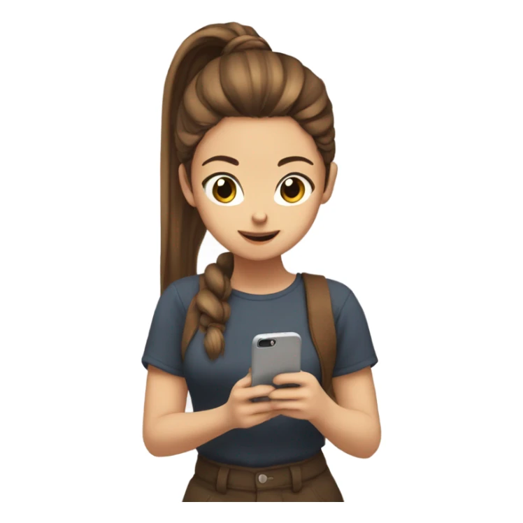 Anime girl with a brown ponytail looking at her phone sticker