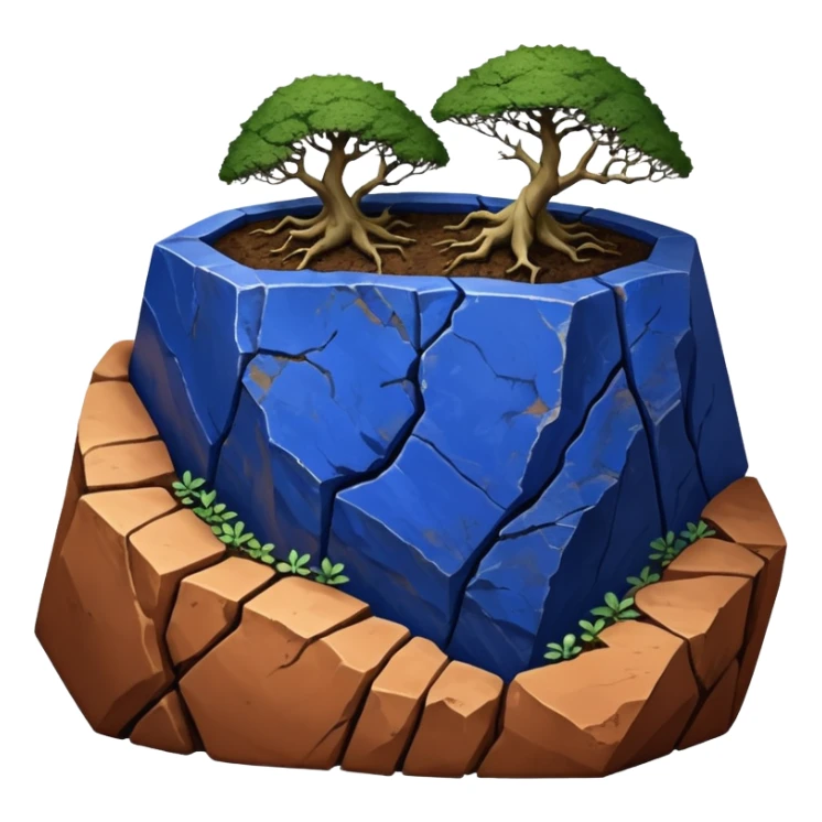 Aged two toned lapis blue terracotta Roots Stoneware akadama moss on soil irregular angular Stone Age rocks cracked crags and broken rough edges forming a very shallow flat Yixing forest pot sticker