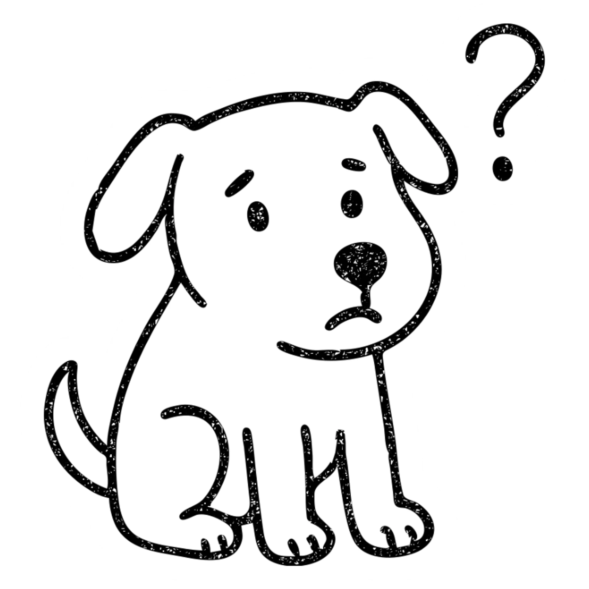 hand-drawn outline of a dog looking puzzled, question mark near face sticker