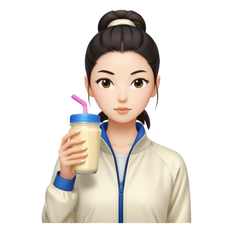 Japanese girl with cream jacket drinking pre workout shake middle part slick back bun sticker