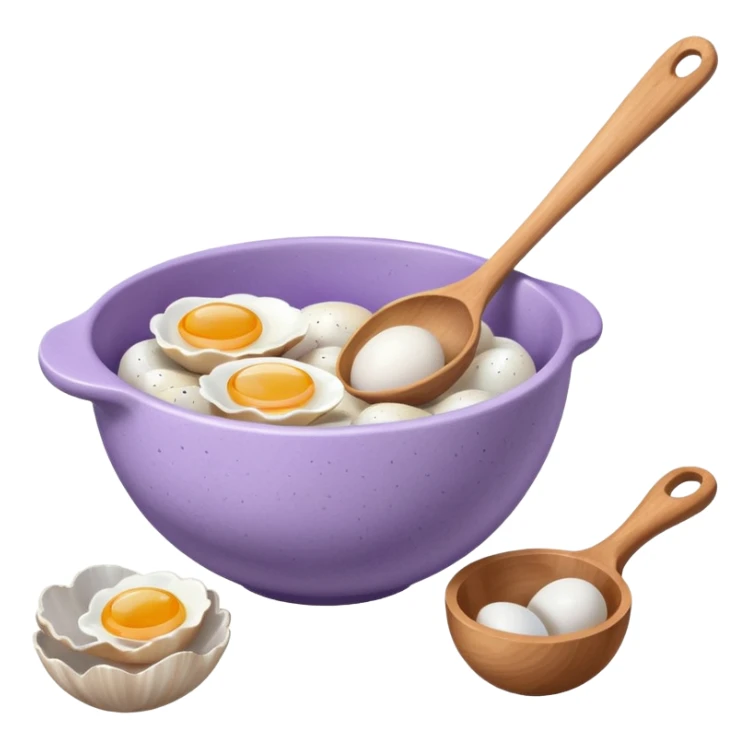a lilac ceramic mixing bowl with a wooden spoon stirring and sitting next to it is a few eggs sticker