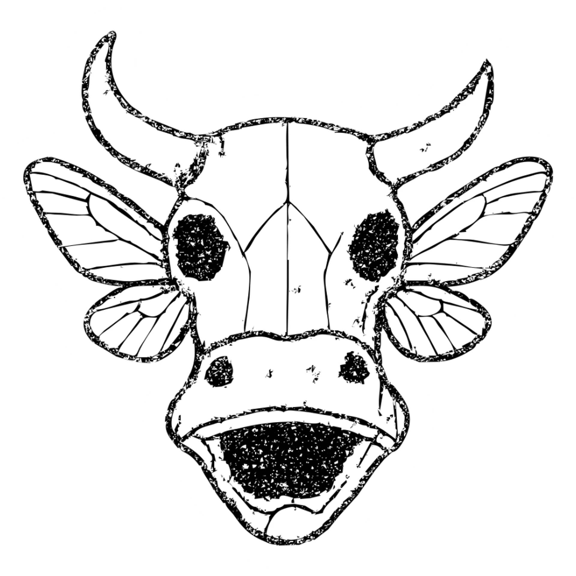 a horrifying minimal red line drawing of just a head merging minotaur skull with broken horn, stoat snout, frog mouth, and moth wings extending from the head, hollow transparent center, heavily distressed with incomplete outlines, worn texture, eroded sections, and scratched appearance, only thin red lines sticker