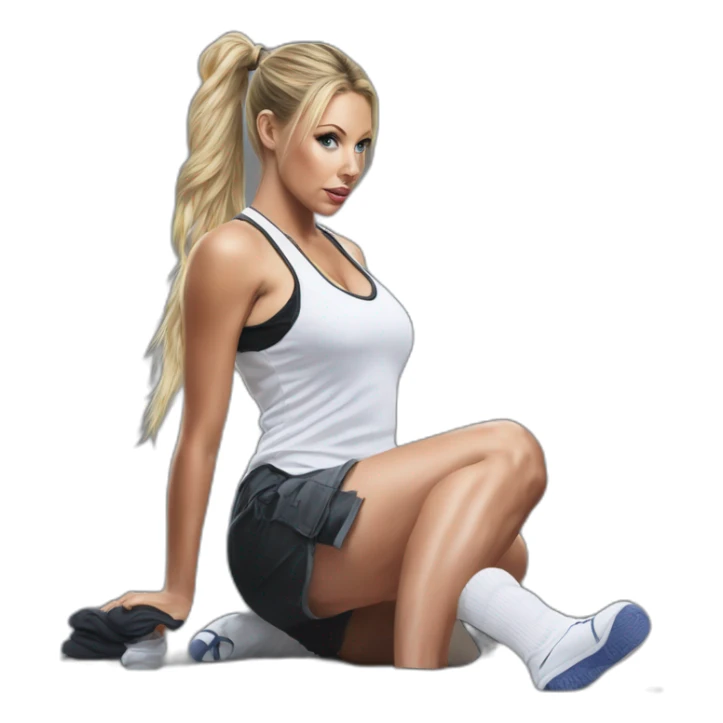 Hyper-realistic painting samantha saint pony tail kneeling in socks sticker