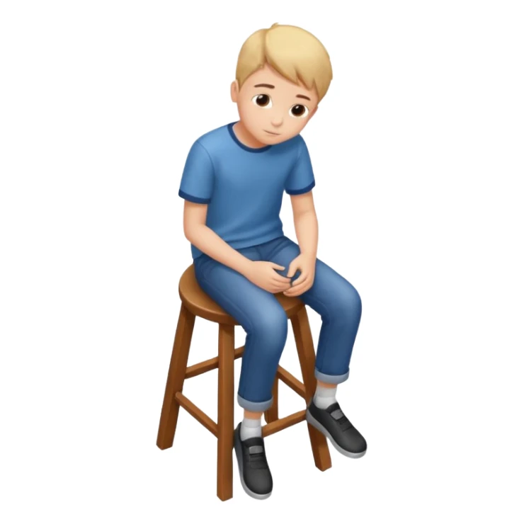 Generate a photorealistic image of a boy sitting on a stool. The scene is captured from a top-down perspective (bird's-eye view), looking directly down from above his head towards his feet. The background should be simple and clean. sticker