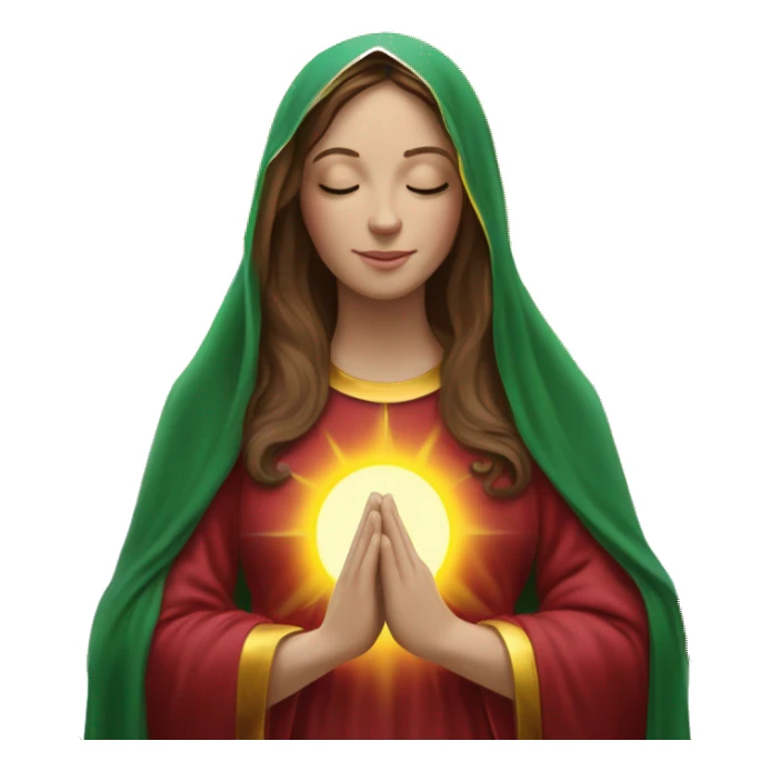 Virgin Mary: kind face looking down at the left, long brown hair, Wearing an emerald green  robe with gold stars and a burgundy red dress,  Hands in prayer or blessing. Halo around her head. standing in front of a big sun. colorful roses on the sides  sticker
