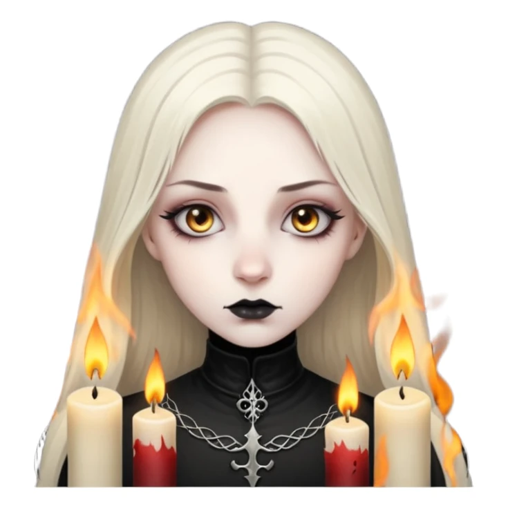 Pale woman with kohl-lined eyes staring through candle smoke, predatory calm, gothic fantasy mood sticker