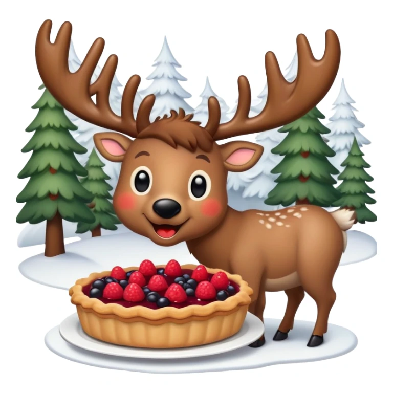 A cheerful reindeer with a fluffy coat and big antlers, happily munching on a slice of berry pie, surrounded by a snowy forest background, in a cute and simple emoji style. sticker