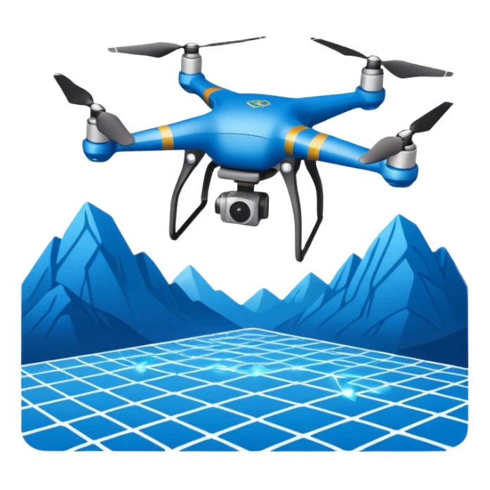 Mapping drone sticker, quadcopter scanning land with laser grid effect, modern tech style, blue color theme, flat vector illustration, white outline, transparent background sticker