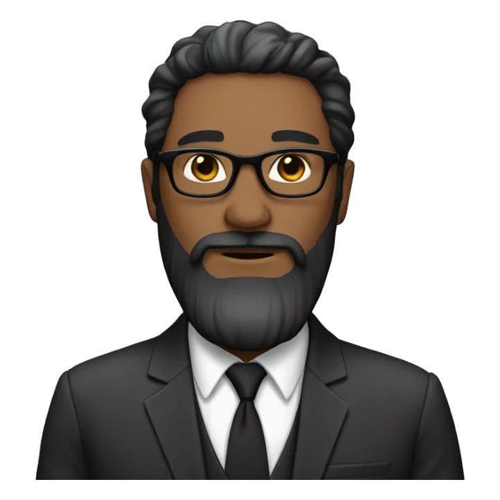 Man, white skin, short black hair, long beard, round glasses, suit sticker