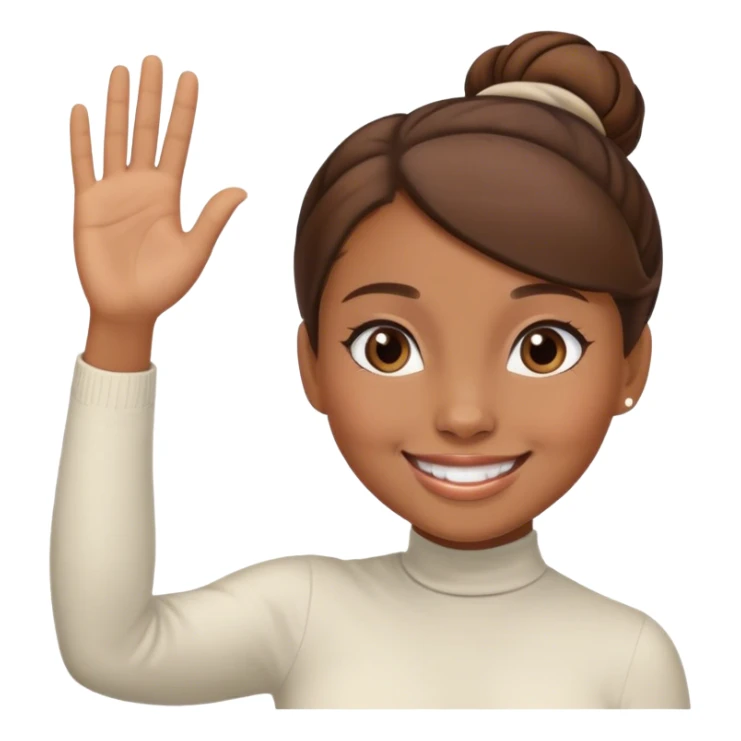 Light brown skin girl, brown hair in bun, smiling, waving goodbye sticker