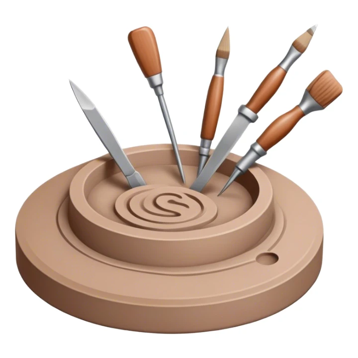 Icon for sculpting, with sculpting tools, sculpture in progress on a textured surface, minimalistic style, clean lines, transparent background. sticker