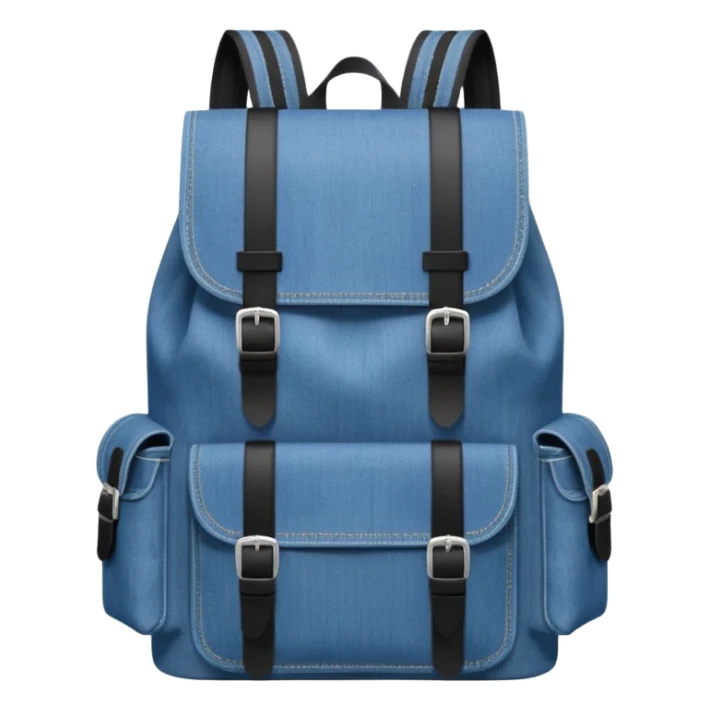 An emoji-style blue denim backpack with a flap top. Two short black buckle straps are attached only at the top flap, not extending to the bottom. The front is clean with no pockets or extended straps. The backpack has two side pockets. 


 sticker