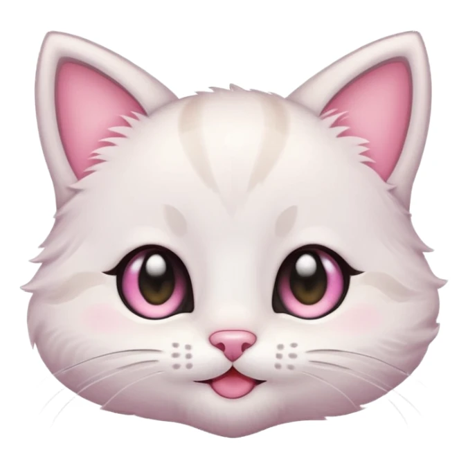 Cute chibi kitten emoji, big sparkly eyes, tiny pink nose, pastel colors, simple thick outline, smiling, clean flat shading, transparent background, no text sticker