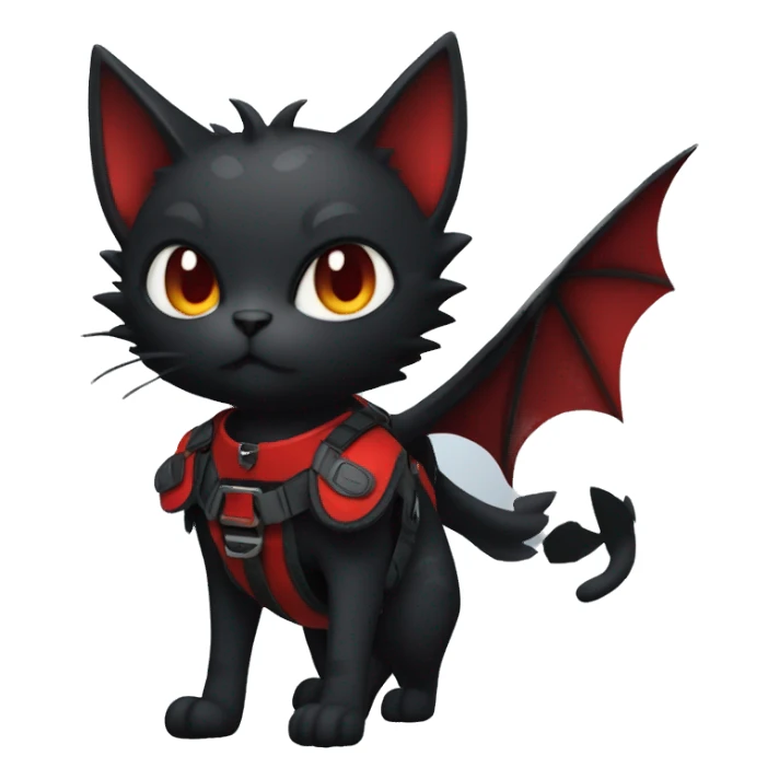 Cool Edgy Evil Litten-Nargacuga-Cat with black bat-wing-ears with a red harness full body sticker