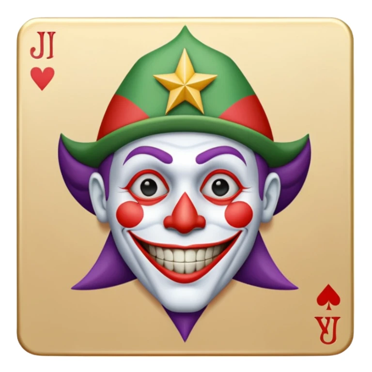 1 poker card, squared, with crazy colorful human jolly joker inside, star symbol with a "J" sticker