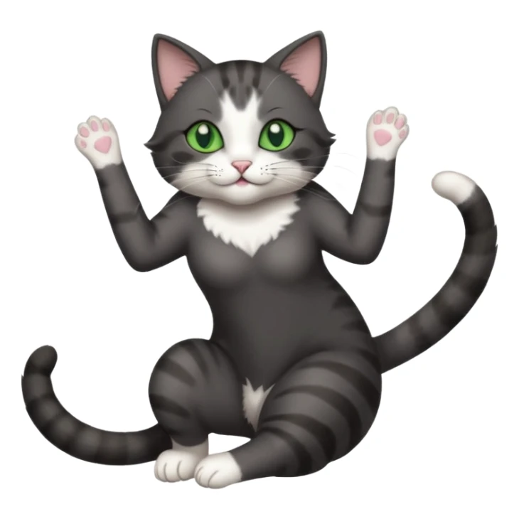beautiful female solid dark grey cat with green eyes, white toes/paws and white patch on her chest playfully rolling upside down sticker