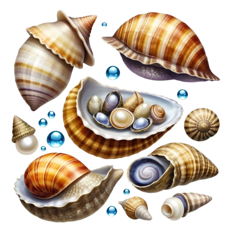 A colorful collage of sea snails, clams, and oysters, with intricate shells, pearls, and water droplets. Some shells are open, revealing the soft interior, while others remain closed. Beautiful oceanic background with soft lighting, coral, and aquatic plants. Transparent background. sticker