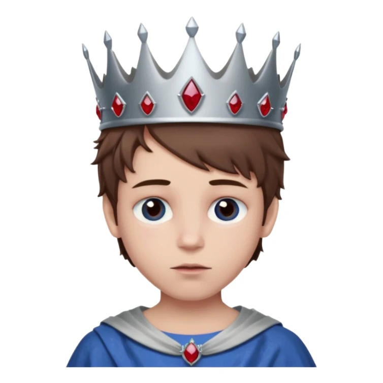 grey boy head with right eye blue and left eye red. he has messy brown hair and a silver crown with rubies on it sticker