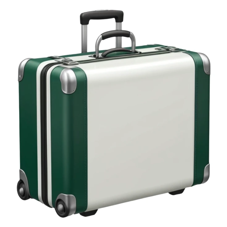 white suitcase with metal ribs, wheels, handle and corners dark green, emoji style sticker