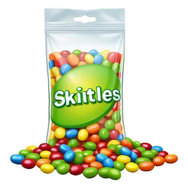 A very colorful Skittles candy package in bright rainbow colors, partially open with only green Skittles visible inside and a few green candies next to it. sticker
