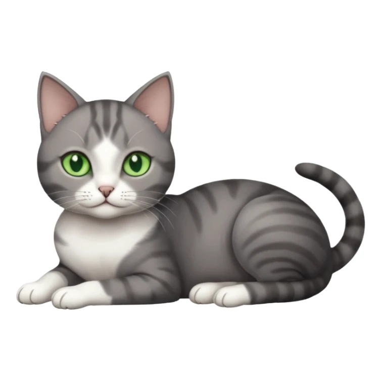 full body tiny short hair dark grey and white cat with white front legs and green  eyes lying down sticker
