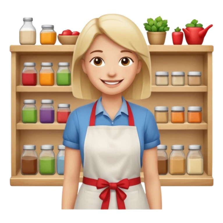 grown  2D line-drawn character + small bright shop sticker