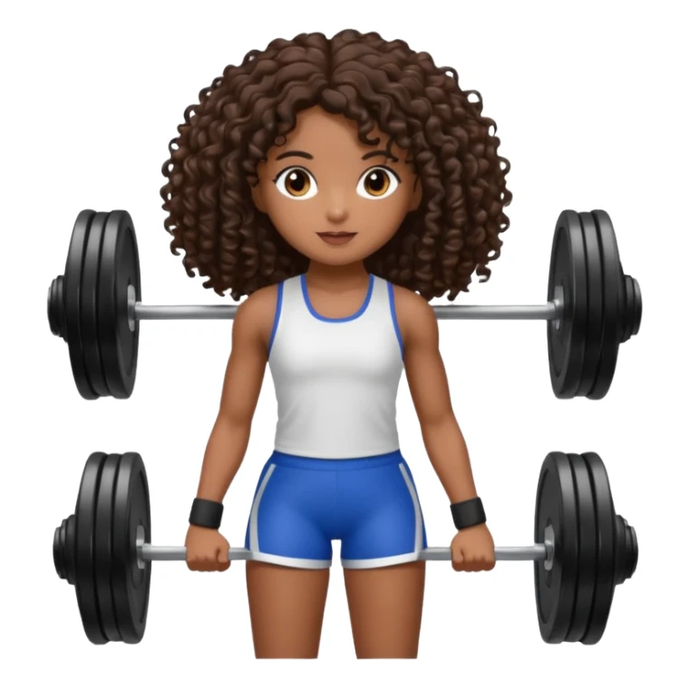 Uma boneca morena escura com olhos castanhos e cabelo cacheado longo até o peito, treinando Gym sticker