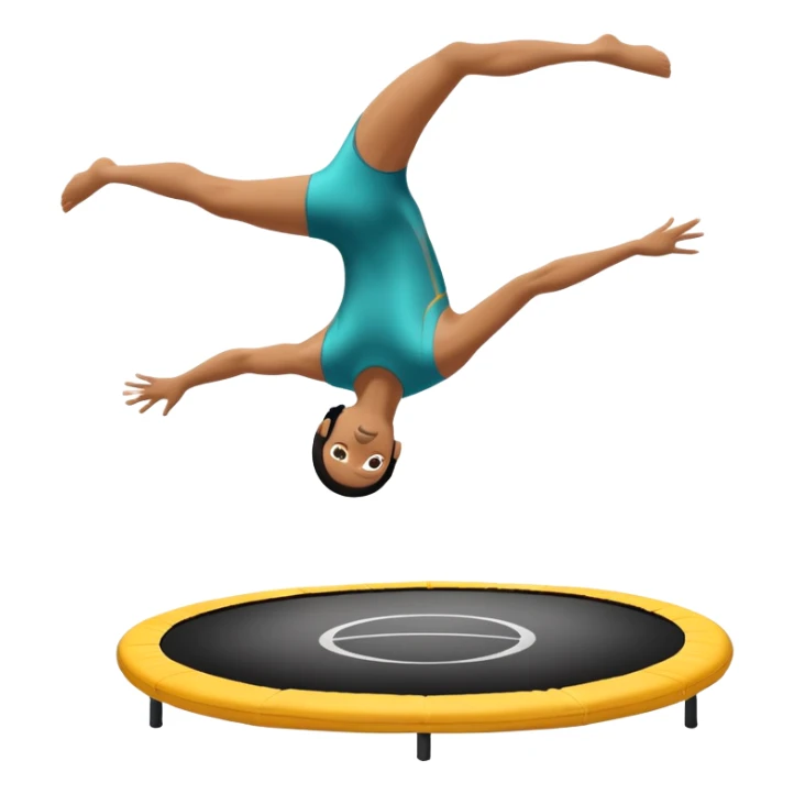 An athletic person soaring high above a trampoline, executing an acrobatic flip with perfect form. The scene captures motion and energy, with a dynamic pose, stretched limbs, and a focused expression. The background suggests a professional trampoline arena with safety padding. sticker