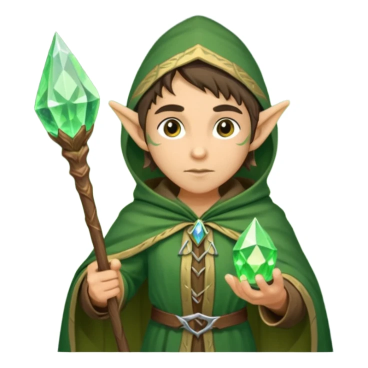 {
      "type": "human",
      "look": "forest elf mage, green cloak, wooden staff, glowing crystal tip",
      "description": "a forest elf mage in green cloak holding a wooden staff with a glowing crystal tip"
    } sticker