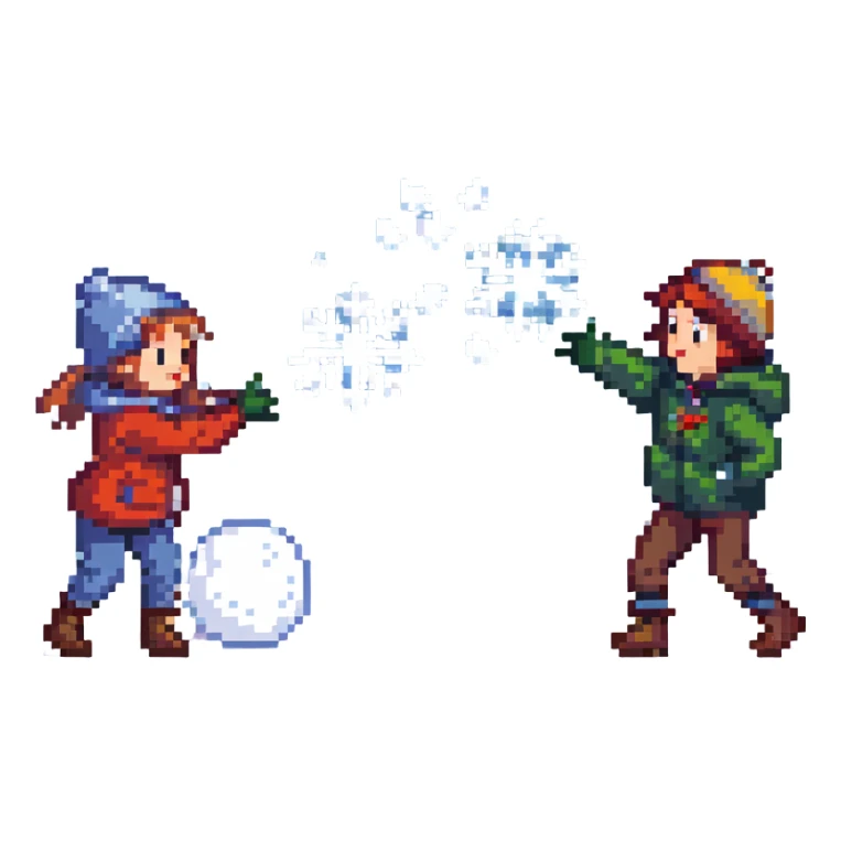 two children throwing snowballs at each other, snowy background sticker
